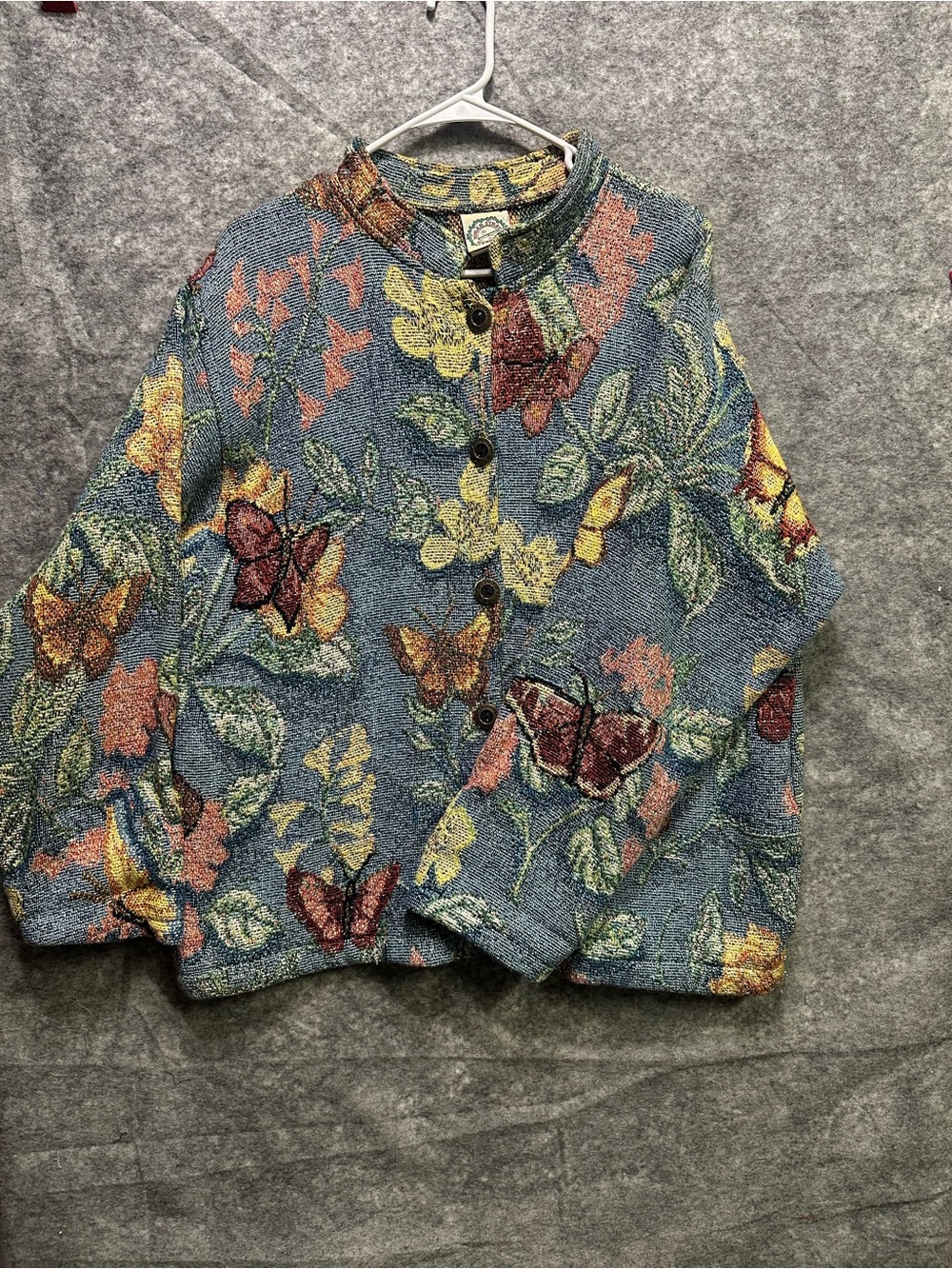 Vintage Sugar Street Weavers Tapestry Jacket Large Butterflies Blue Cottagecore